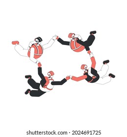 Air tourism extreme isometric composition with characters of four people free falling holding by hands vector illustration