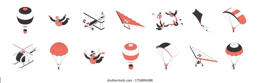 Air tourism isometric icons set with people doing parachuting hang gliding flying plane 3d isolated vector illustration