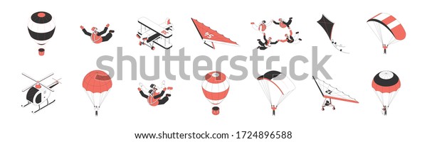 Air\
tourism isometric icons set with people doing parachuting hang\
gliding flying plane 3d isolated vector\
illustration