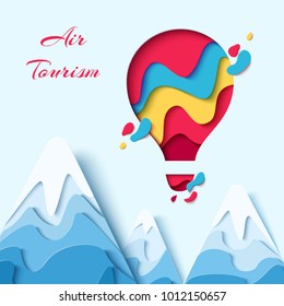 Air tourism paper art concept of hot air balloon in sky with clouds over mountains. Vector travel origami paper cut banner