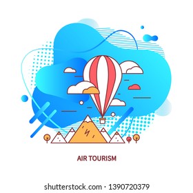 Air tourism vector, transportation on balloon with basket for people to stand. Hills and nature landscape, holiday and relaxation flat style abstract