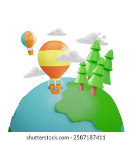 Air touristic transport 3D vector illustration. Flight excursion on Earth planet. Hot air balloon with basket flying in the sky. Summer travel on the aerostat. Cartoon heaven discovery