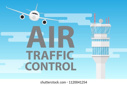 Air traffic control (ATC) in clear summer blue sky day with airplane(plane,areoplane) flying above the sky and free copy space for text"air traffic control" in the sky
