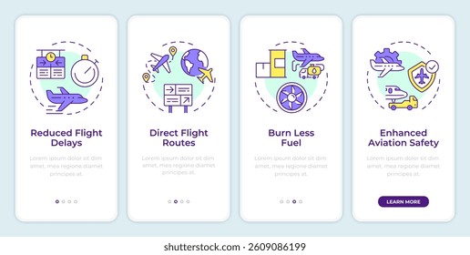 Air traffic control benefits onboarding mobile app screen. Walkthrough 4 steps editable graphic instructions with linear concepts. UI, UX, GUI