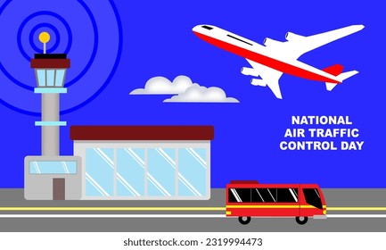 the Air Traffic Control building with illustrations of planes flying and red buses and bold text commemorating National Air Traffic Control Day
