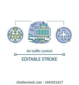Air traffic control concept icon. Aircraft control tower idea thin line illustration. Aviation and tourism. Airplane management. Plane, jet flights. Vector isolated outline drawing. Editable stroke