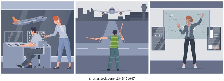 Air traffic control flat set with aircraft controllers and marshallers isolated vector illustration