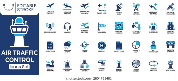 Air traffic control icon set. Containing airport tower, radar, flight path, runway, ATC controller, aircraft landing, aircraft takeoff, weather radar, airspace map, airport terminal and more. Solid vector icons collection.
