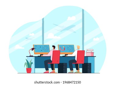 Air Traffic Control Officers In Front Of Monitors. Flat Vector Illustration. Two Cartoon Airline Operators Sitting In Control Tower With Airplanes. Airplane, Transport, Occupation Concept