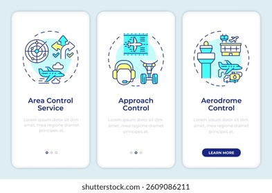 Air traffic control onboarding mobile app screen. Aircraft tracking. Walkthrough 3 steps editable graphic instructions with linear concepts. UI, UX, GUI