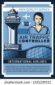 Air Traffic Control Service Vector Poster Of Flight Controller With Headset, Control Tower, Airport Building And Plane Or Airplane Of International Airlines. Aircraft Staff, Aviation Safety Design