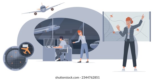 El equipo de control del tráfico aéreo que trabaja en la torre del aeropuerto vigila la ilustración plana del vector