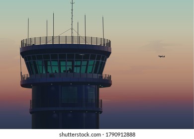 Air Traffic control tower of Jambi Airport with airplane silhouette
