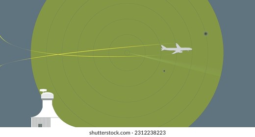 Air traffic control tower radar facility cartoon composition with passenger aircrafts landing or takeoff. And radar net on background. vector illustration 