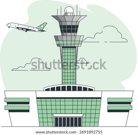 An air traffic control tower stands tall next to a modern airport building with an airplane flying in the sky.
