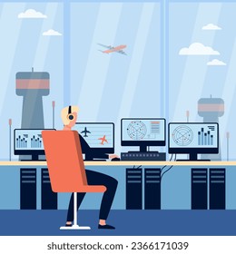 Ilustración vectorial de la torre de control del tráfico aéreo. Hombre en audífonos revisando las pantallas de radar con rutas de avión y retrasos de vuelo, coordinando la salida y el aterrizaje. Aviación, concepto de viajes