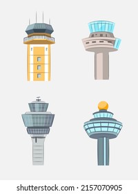 Air Traffic Control Towers Vector Illustrations Set. ATC, Airport Command Center Isolated On Grey Background. Aviation Industry, Traveling, Tourism, Transportation Concept