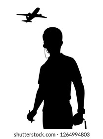 Air traffic controller with airplane silhouette vector