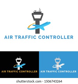 Air Traffic Controller Logo Template Vector Illustration. This Logo Illustrate Flight Control Tower And Traffic Controller. You Can Use This Logo For Pilot, Flight Tracker, And Aviation Company.