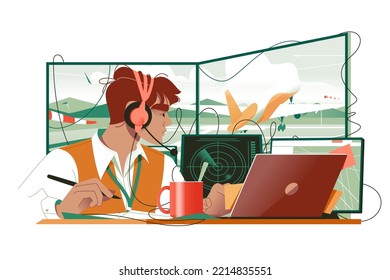 Air traffic controller managing airplanes flights vector illustration.