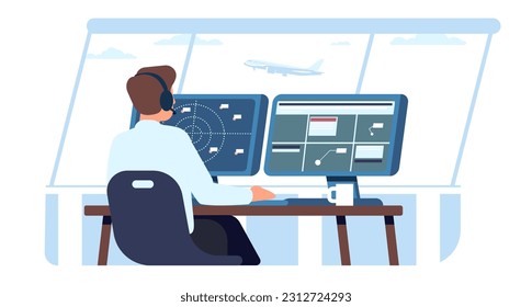 Air traffic controller and supervisor in airport tower controls flight of planes. Airline staff. Man sitting at computer. Employee coordinating airplane direction fly