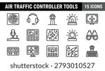 Air Traffic Controller Tools Icons: Radar, Headset, Tower, Siren, Monitor, Microphone, Weather, Map, Binoculars, Timer