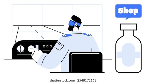 Air traffic controller in uniform monitors screens and controls. Ideal for aviation safety, air traffic management, pilot training, airport operations, and transportation. Minimalistic, modern