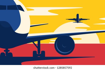 Air traffic. Flat style vector illustration of the airliners at sunset.