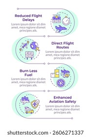 Air traffic management benefits infographic vertical sequence. Fuel consumption, maintenance. Visualization infochart with 4 steps. Circles workflow