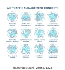 Air traffic management soft blue concept icons. Flight organization. Communication, navigation. Icon pack. Vector images. Round shape illustrations for article, blog post. Abstract idea