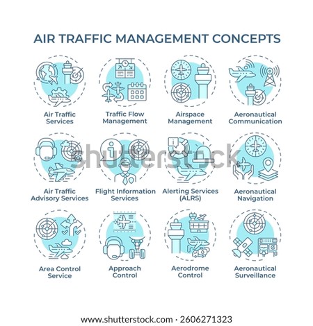 Air traffic management soft blue concept icons. Flight organization. Communication, navigation. Icon pack. Vector images. Round shape illustrations for article, blog post. Abstract idea