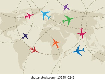 Air traffic on the world map background, simple design