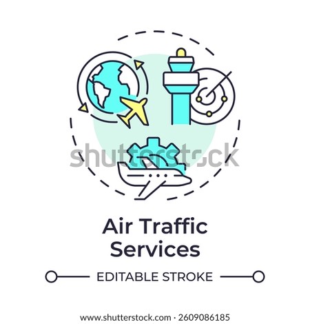 Air traffic services multi color concept icon. Tower control, guidance. Airspace management. Round shape line illustration. Abstract idea. Graphic design. Easy to use in article, blog post