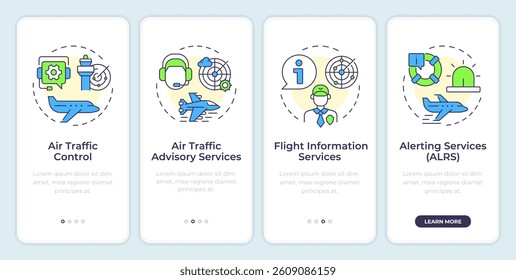 Air traffic services onboarding mobile app screen. Inflight communication. Walkthrough 4 steps editable graphic instructions with linear concepts. UI, UX, GUI