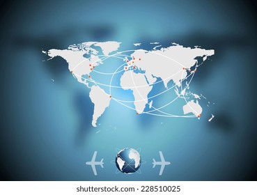 Air traffic vector blue background with world map