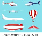 Air transport, airplane, airship, hot air balloon, hang glider, helicopter. Models of air transport. Vector illustration. Vector.