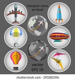 Air transport: airplane, balloon, hang gliding, parasailing, airship, space rocket. Vector flat illustration