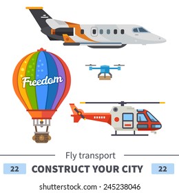 Air transport: airplane, helicopter, balloon, drone. Set of elements for construction of urban and village landscapes. Vector flat illustration