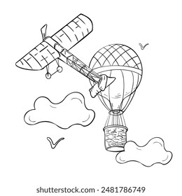 Ilustración vectorial de contorno de transporte aéreo blanco y negro aislado. Silueta de avión con gran globo en las nubes. Retro transporte simple de color. Gráfico de globo aerostático dibujado. Contorno de pájaro