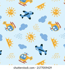 Air transport in childish style, Flying planes, helicopters for kids nursery decoration and wearable apparels, traveling vector set. Cartoon transport for aero trip journey