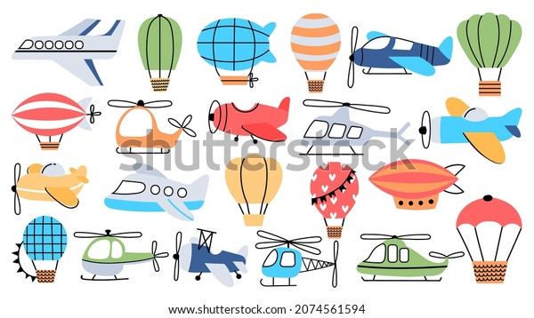 Air\
transport in childish style, plane, helicopter, airship and\
balloon. Flying airplanes for kids nursery decoration, traveling\
vector set. Cartoon transport for aero trip\
journey