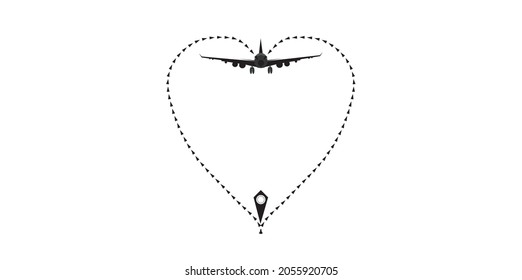 air transport concept.Airplane line path vector icon of air plane flight route with start point and dash line trace.