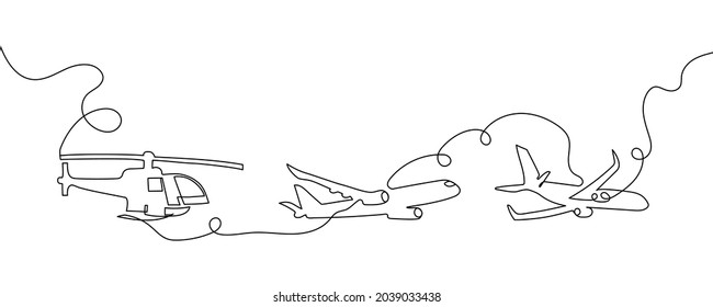 Air transport continuous line drawing set. One line art of plane, helicopter, flying machine.