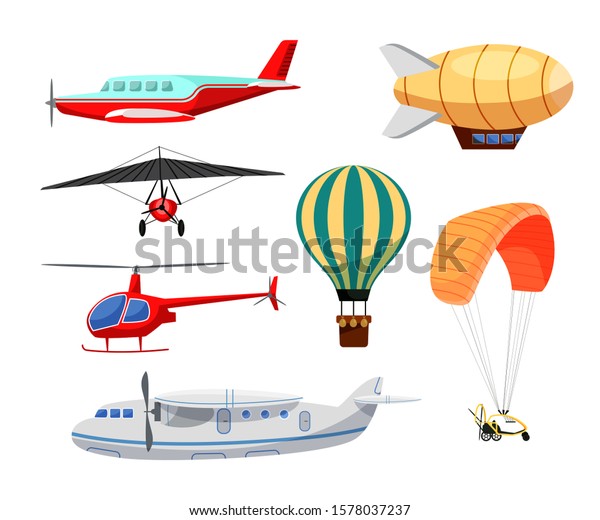 Air transport flat vector illustrations set.
Commercial plane, helicopter and paraglider. Various flying
vehicles, aircrafts collection. Hot air balloon, airplane, motor
hang glider and airship