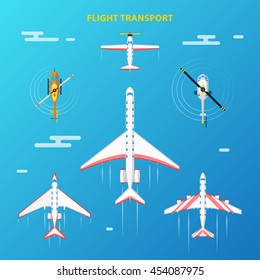 Air transport at flight collection top view with helicopters and airplanes blue sky background abstract vector illustration 