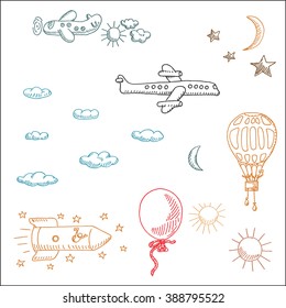 Air transport  icons set with airplane, balloon, rocket and sky, in sketch drawing style, for  travel business design