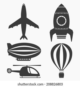 Air transport icons set, helicopter, airplane, hot air balloon, airship and rocket, vector eps10 illustration