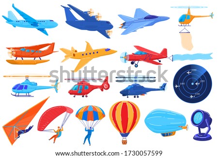 Air transport isolated on white, set of planes and helicopters in cartoon style, vector illustration. Airplane, parachute jump na paragliding sport people. Airship, hot air balloon aviation collection