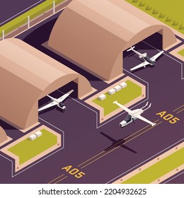Air transport isometric concept with modern commercial airplanes in hangar vector illustration