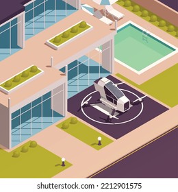 Air transport isometric concept with private helicopter on heliport spot vector illustration